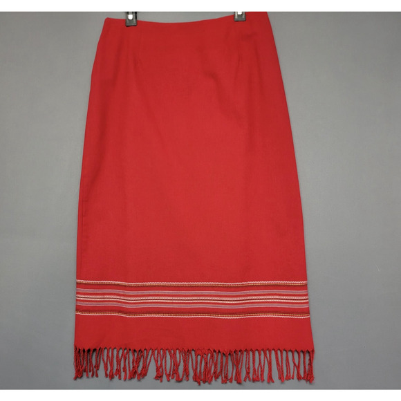 Vintage Michele Maxi Skirt Womens 14 Red Embroidered Stripes Fringe Western Boho - Picture 1 of 11